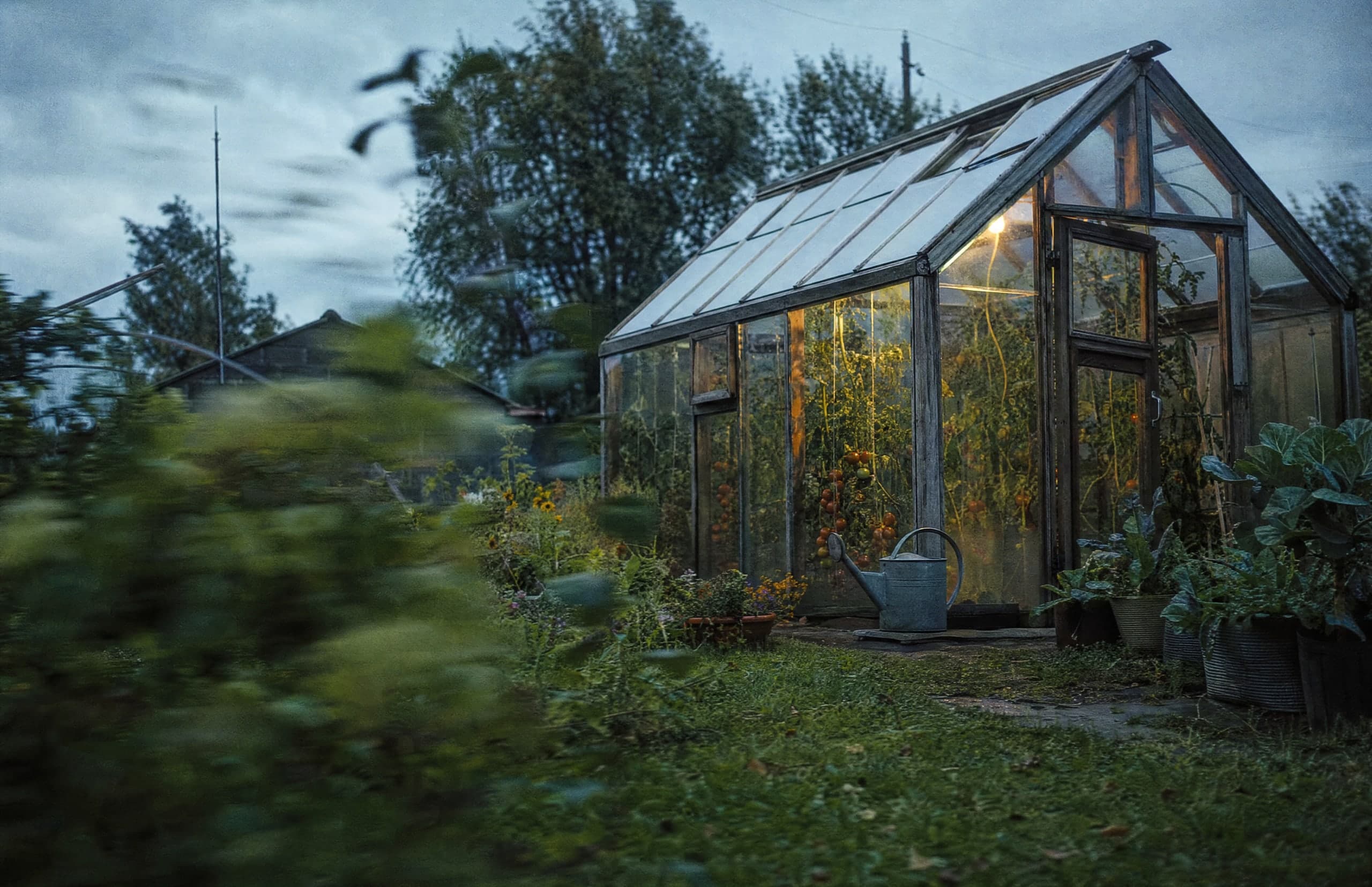 A greenhouse and garden behind an established home in the late afternoon.
