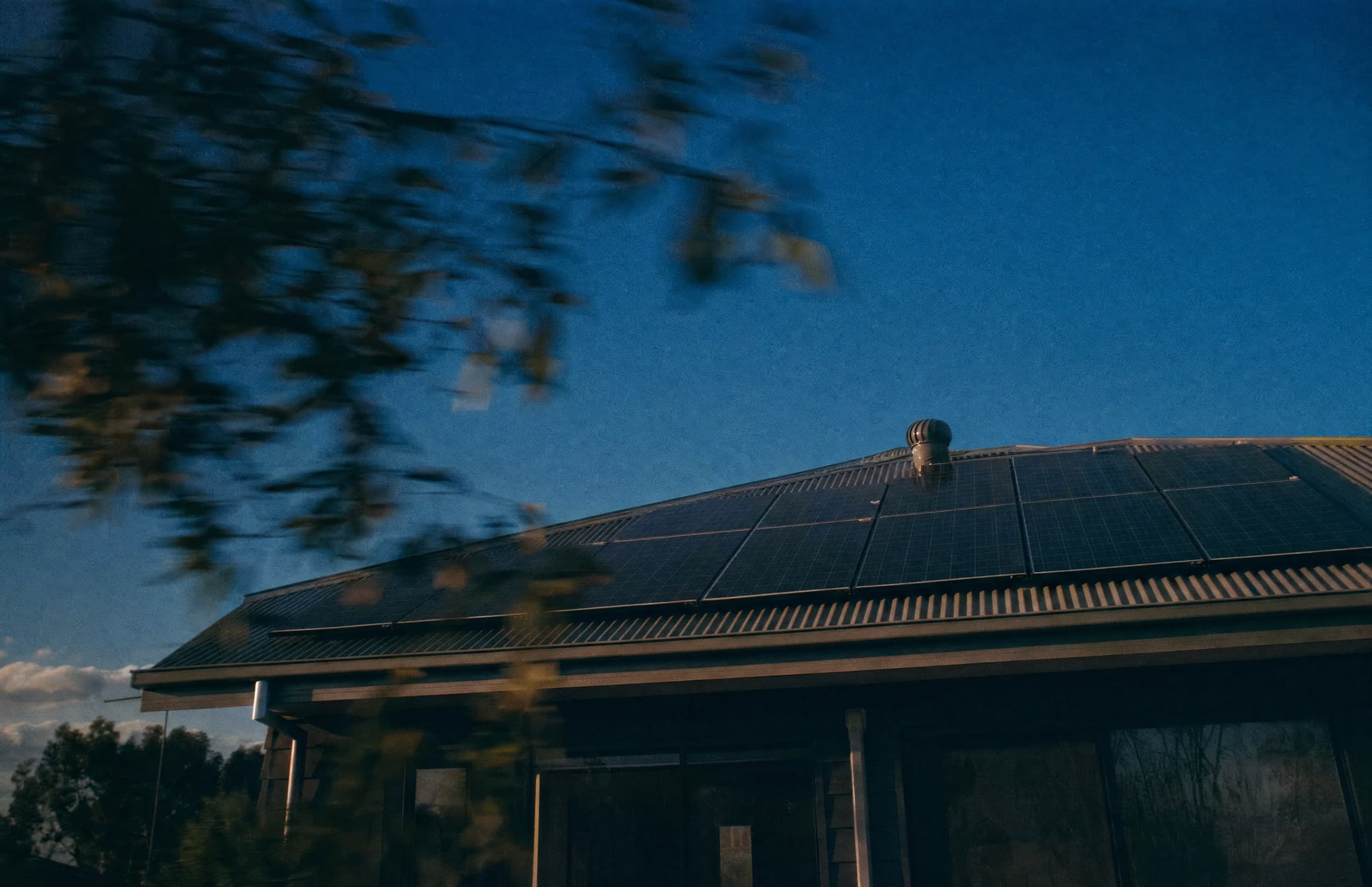 Solar panels on a house beneath a blue evening sky and overhanging branches.