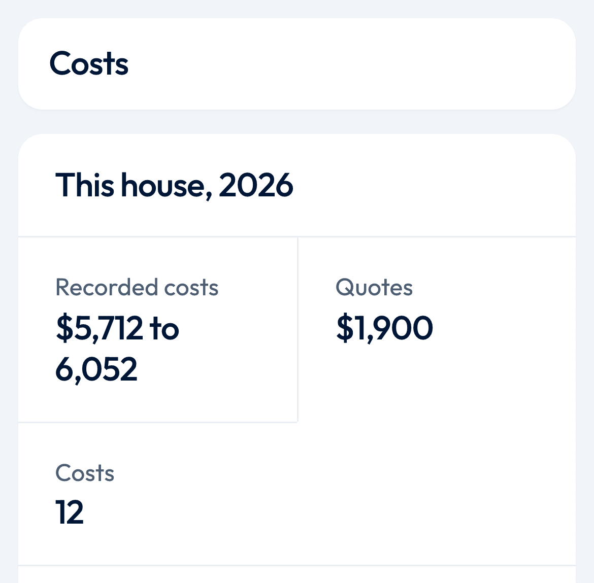 The Costs screen for an example house.