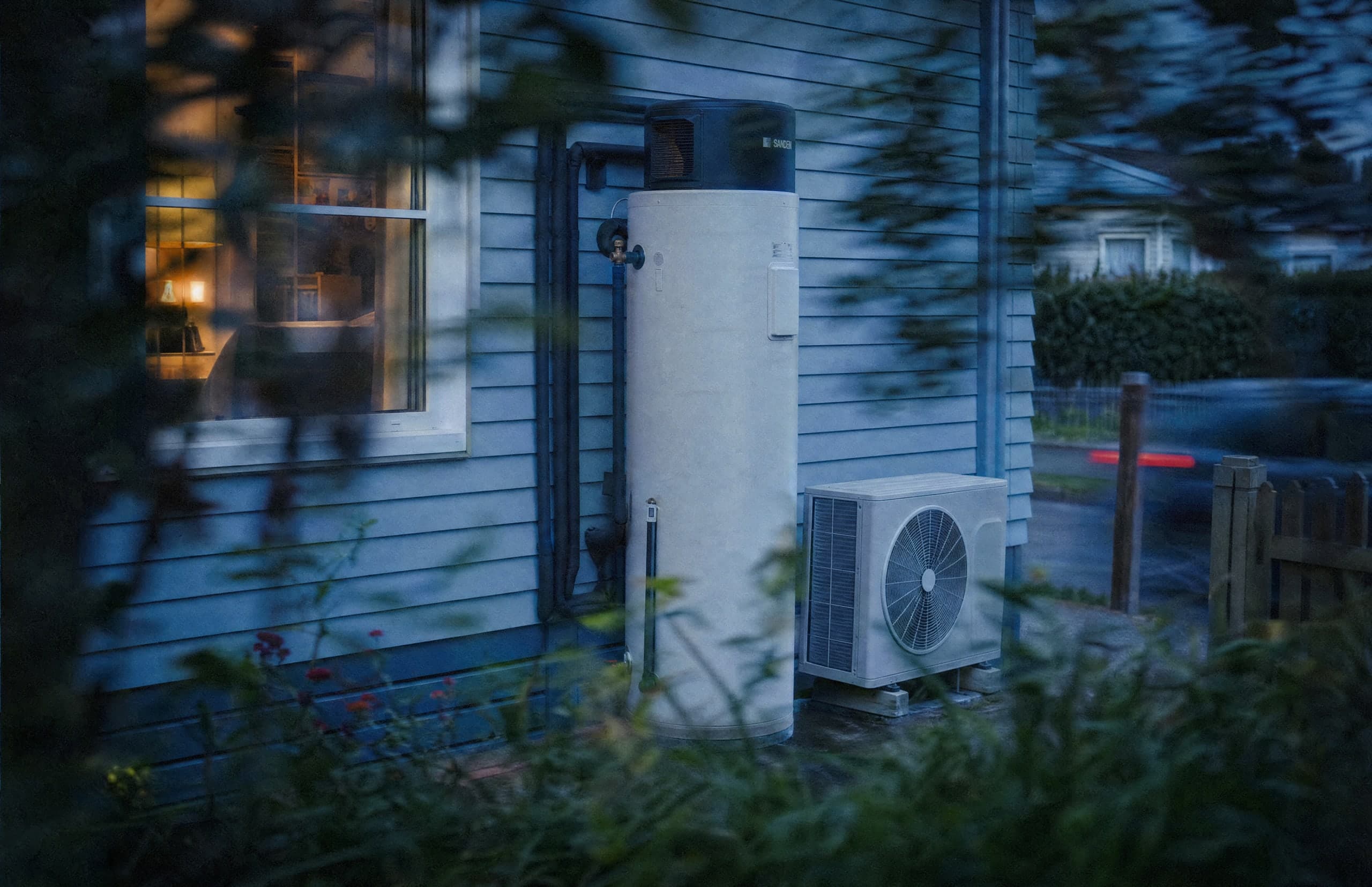 A hot-water heat pump installed beside a weatherboard house.