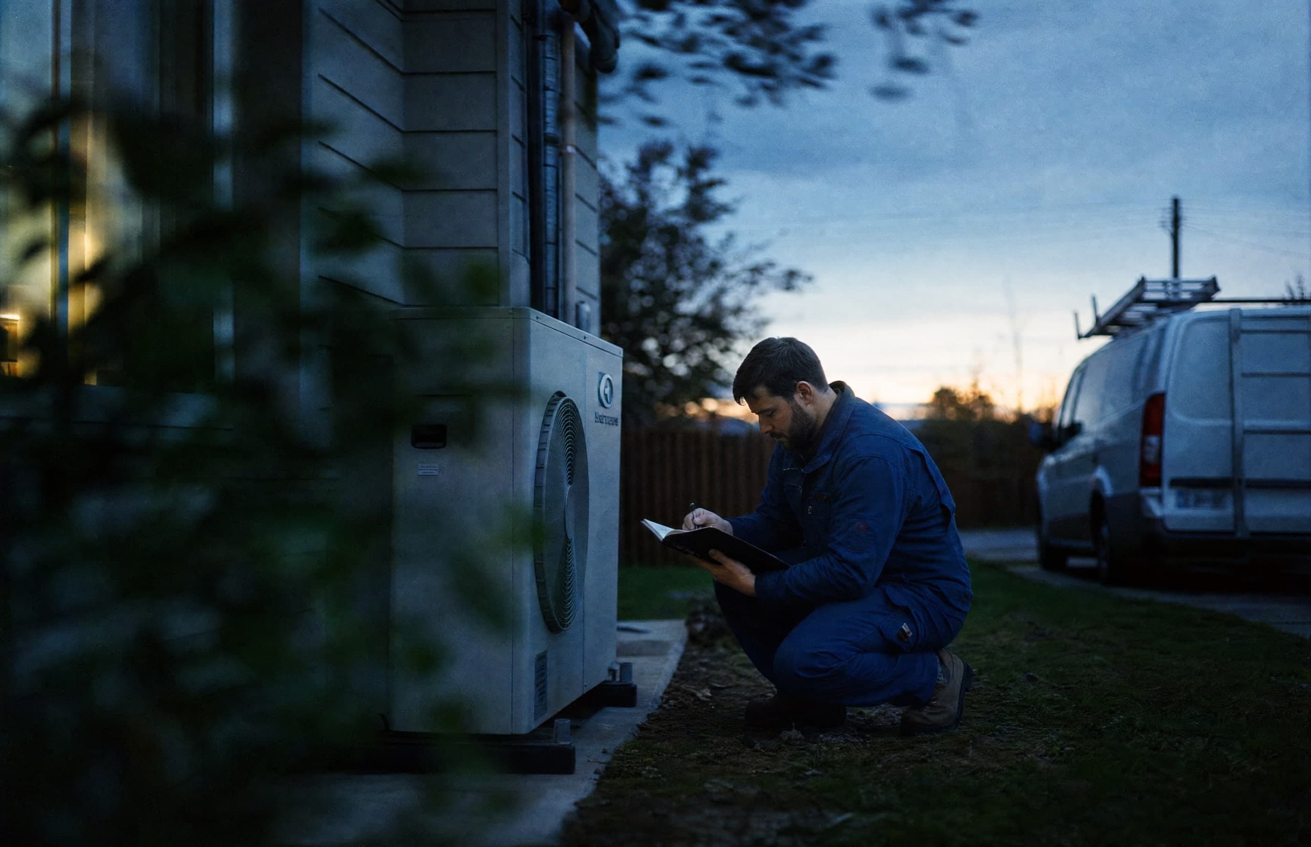 A tradesperson checking a heat pump beside a house, with the service van nearby.