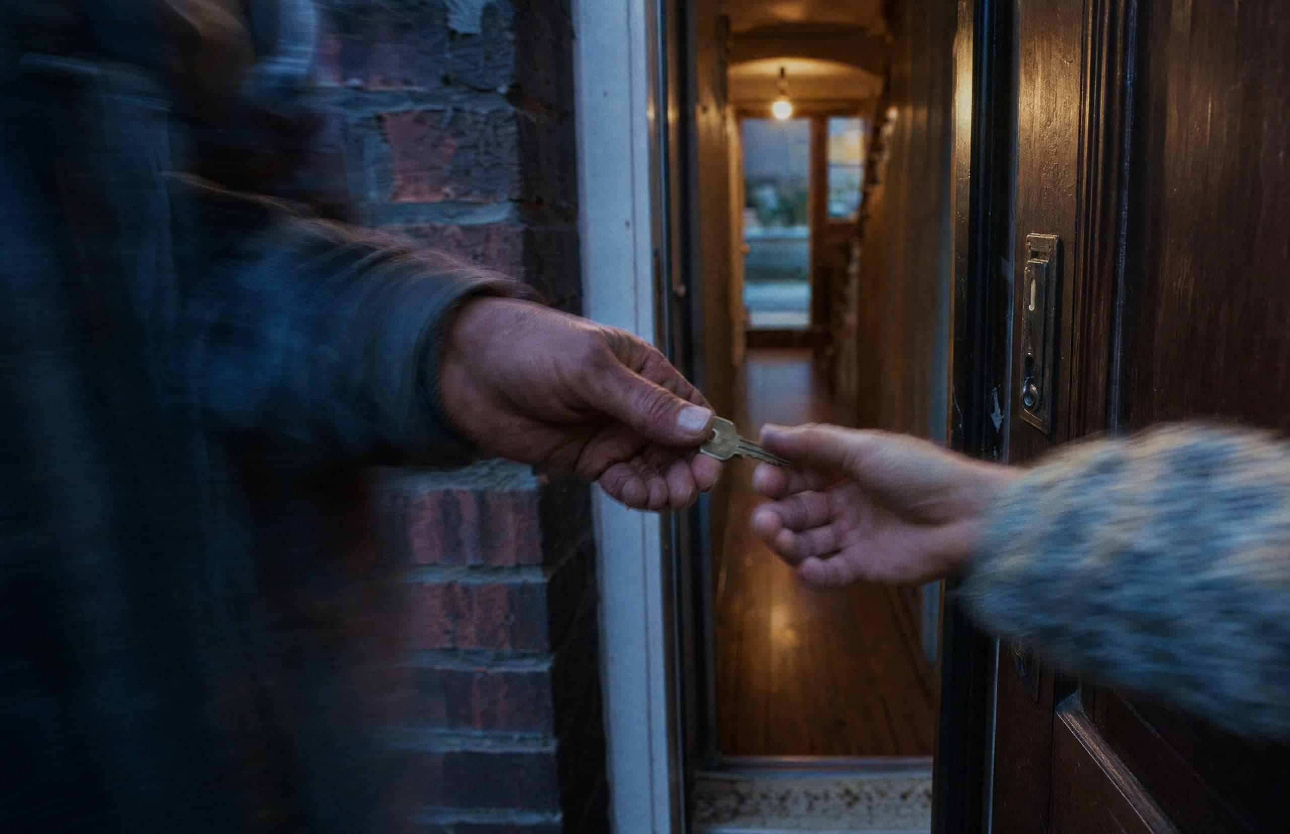 A house key passing from one hand to another at an open front door.